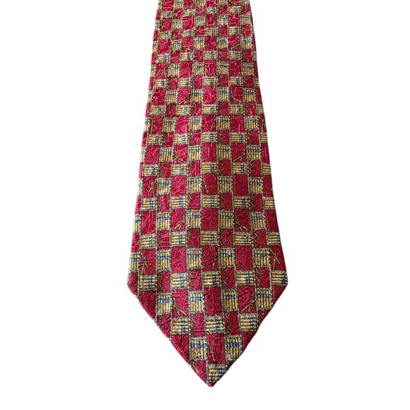 Fumagalli ITALY 100% Silk Tie Red Gold Geometric Check Sartorial Luxury - Picture 4 of 16